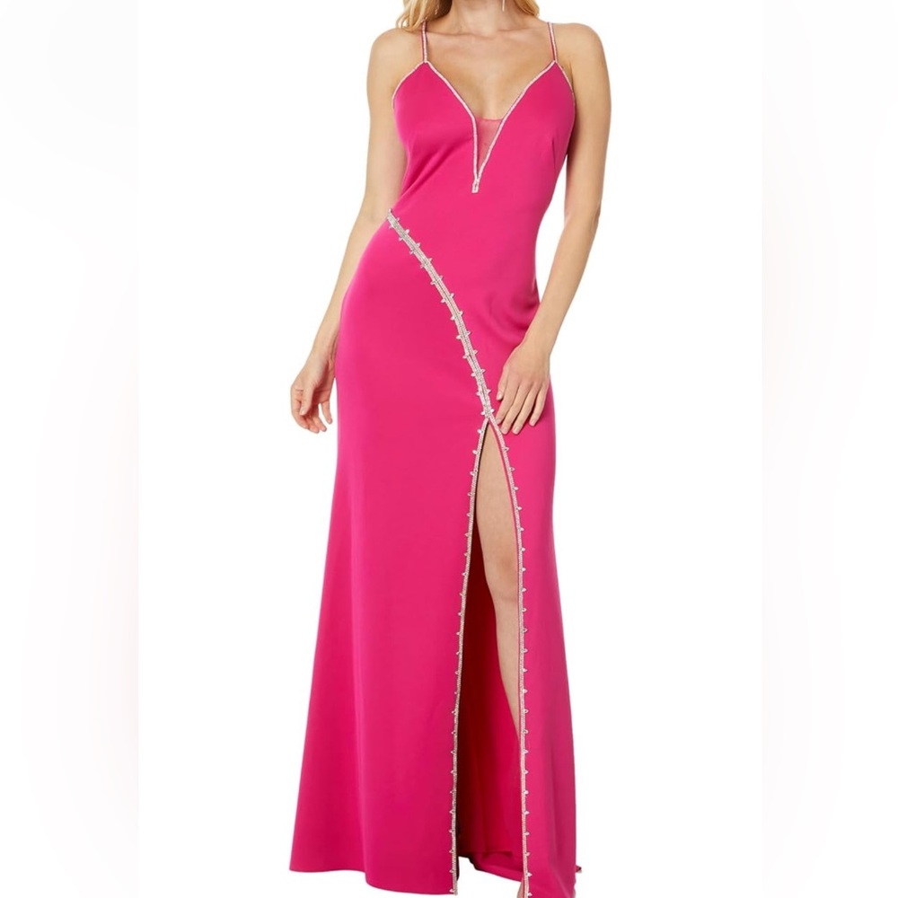 Betsy & Adam Women's Long Jersey Spaghetti Strap Rhinestones Hot Pink Size 6